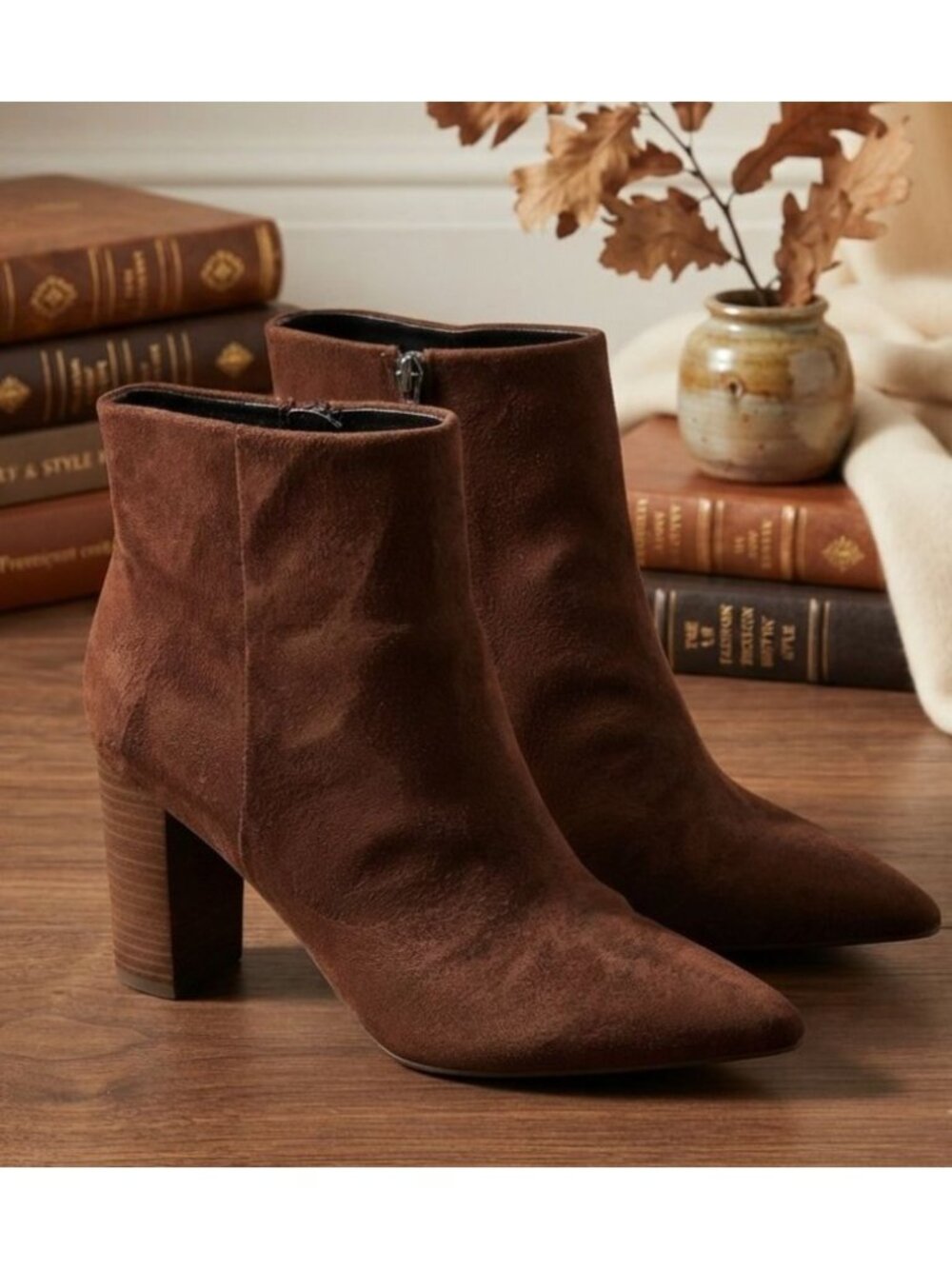 Women's - Nine West Brown Faux Suede Pointed Toe Heeled Boots, Size 9